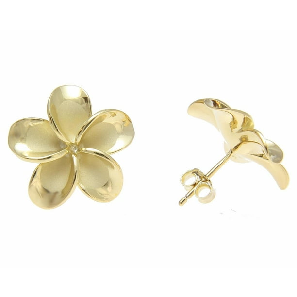 12mm 14k Yellow Gold Plated Sterling Silver Plumeria Stud Earrings with CZ 